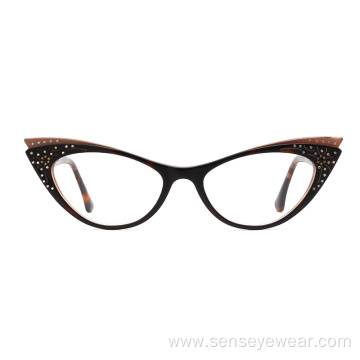 Luxury Women Diamond Cat Eye Acetate Optical Glasses